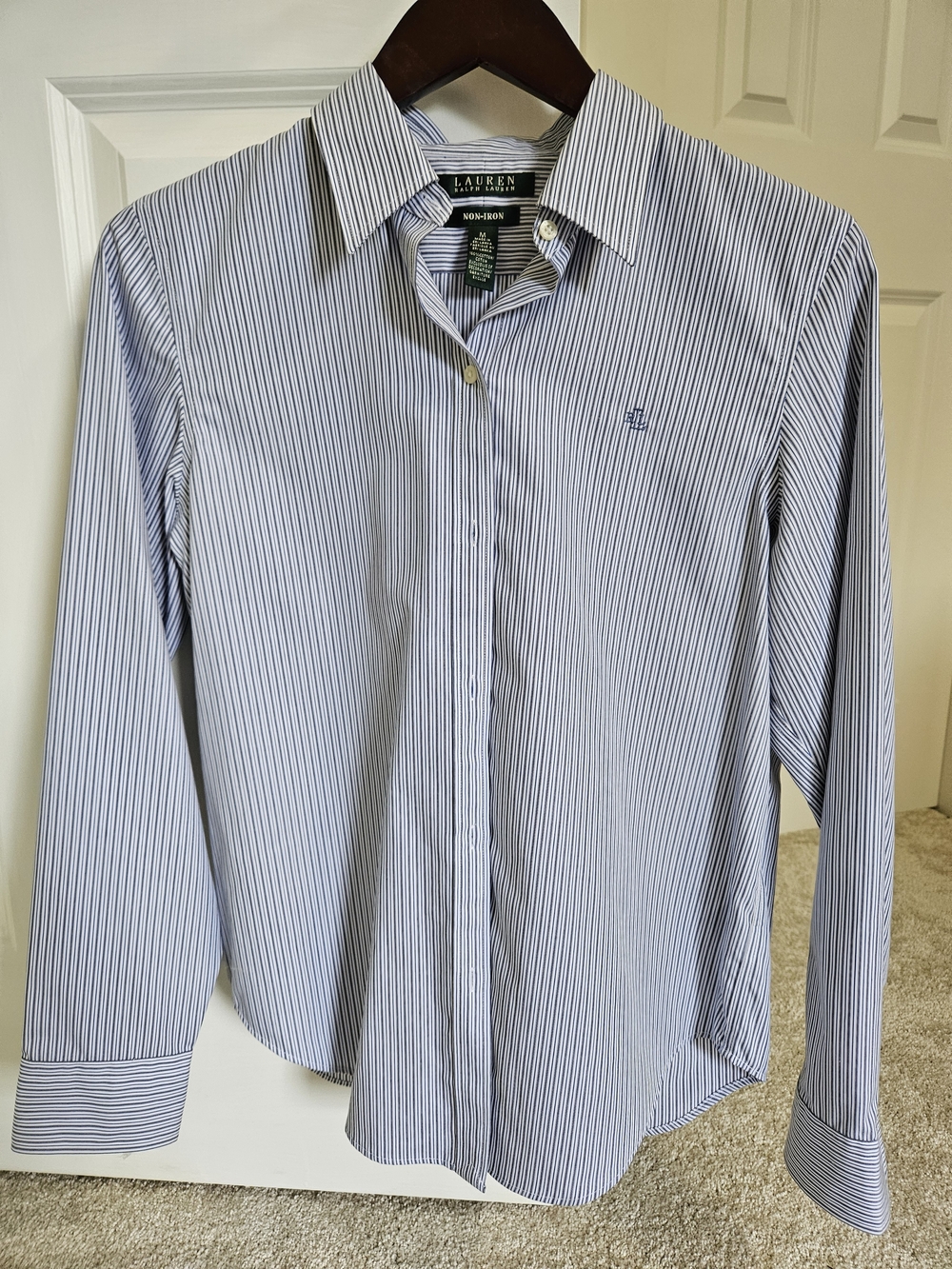 Ralph Lauren Women's Light Blue and Navy Pinstripe Dress Shirt